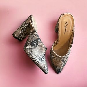 Qupid Women’s Snake Skin High Heel Mules